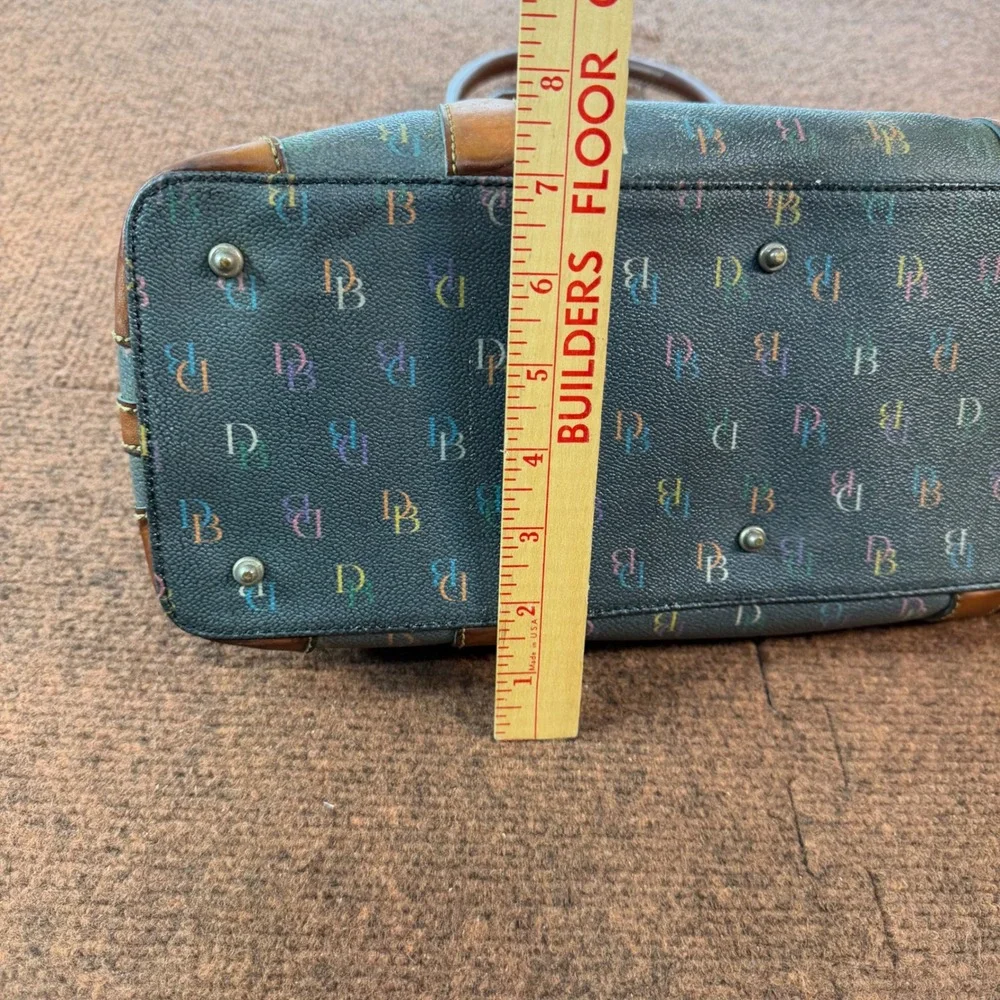 C+ Dooney & Bourke Rainbow Monogram Black Satchel Bag Leather Trim Heart Charm